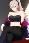 1girl alluring alternate_hairstyle bare black corrin_(fire_emblem) corrin_(fire_emblem)_(female) crossed_legs fire_emblem fire_emblem_fates high_ponytail jacket looking_at_viewer midriff nightcore_(artist) nintendo pants ponytail shoulders sitting smile source_request strapless