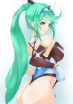 1girl alluring ass back bangs big_breasts breasts competition_swimsuit deekei elbow_gloves from_behind frontal_wedgie gem gloves green_eyes green_hair hair_ornament headpiece high_res jewelry long_hair matching_hair/eyes nintendo one-piece_swimsuit pneuma pneuma_(xenoblade) ponytail pose sideboob signature smile spoilers swept_bangs swimsuit thighs tiara very_long_hair wedgie xenoblade_(series) xenoblade_chronicles_(series) xenoblade_chronicles_2
