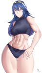 1girl alluring arcedo athletic_female blue_eyes blue_hair female_abs fire_emblem fire_emblem_awakening fit_female lucina lucina_(fire_emblem) medium_breasts nintendo pose princess symbol-shaped_pupils thick_thighs tiara toned_female workout_clothes