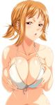  1girl bikini blush breast_hold breasts female hair huge_breasts nami one_piece open_mouth orange_hair photoshop sexually_suggestive shiny_skin simple_background solo twintails white_background 
