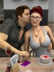 3d 3d_(artwork) big_breasts birthday_cake breasts cake_(food) drink duo glasses kissing kissing_cheek original original_character red_hair sydgrl3d tiara