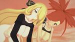  16:9_aspect_ratio 2_girls big_breasts black_shirt blonde blonde_hair breasts breasts_outside closed_mouth cynthia_(pokemon) flannery grey_eyes hentai kneel looking_at_another medium_breasts open_eyes outside partially_clothed pokemon red_eyes red_hair redhead shirt_lift teen 