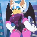  1:1 1girl 2022 animated anthro big_breasts bouncing_breasts breasts chiropteran city clothed clothing day detailed_background female hand_on_hip looking_at_viewer low-angle_view low_res mammal membrane_(anatomy) membranous_wings netflix no_sound outside rouge_the_bat sega short_playtime solo sonic_prime sonic_the_hedgehog_(series) twistedgrim webm wings 