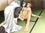  2boys anal anal_fingering black_hair bleach byakuya_kuchiki clothed_male_nude_male clothed_on_nude cmnm fingering kuchiki_byakuya male male_focus multiple_boys muscle nude penis red_hair renji_abarai tattoo yaoi 