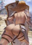  1girl 1girl 1girl architecture armor artist_name ass back belt blonde_hair blue_sky blurry_background brown_belt castle clothing cloud day facing_away female_only floating_hair from_behind gauntlets high_resolution holding holding_shield kisara_(tales_of_arise) large_ass leg_armor legwear long_hair nude outside pauldron running shexyo shield shoulder_armor sky star_(symbol) tales_of_(series) tales_of_arise very_high_resolution 