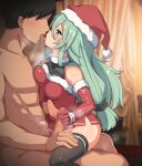  1boy 1girl admiral_(kantai_collection) after_kiss alternate_costume alternate_hairstyle bangs black_legwear blush breasts censored christmas clothed_female_nude_male commentary_request cowgirl_position dress elbow_gloves faceless faceless_male french_kiss fur-trimmed_dress fur_trim gloved_handjob gloves green_eyes green_hair hair_between_eyes hair_flaps handjob hat high_res indoors kantai_collection kissing kurokoshou_(emuburemu123) latex latex_gloves long_hair looking_at_another microskirt mosaic_censoring nude parted_bangs penis pleated_skirt ponytail red_gloves red_skirt saliva santa_costume santa_hat shiny shiny_clothes sidelocks sitting sitting_on_person skirt stockings straight tongue tongue_out yamakaze_(kantai_collection) 