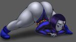  1girl absurd_res ass_up big_breasts dat_ass dc_comics high_res huge_ass jack-o&#039;_challenge jack-o_pose leotard lips looking_at_viewer n-kosi plain_background purple_eyes purple_hair rachel_roth raven_(dc) simple_background teen_titans thick_thighs tight_clothing wide_hips 