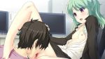  1boy 1girl artist_cg brown_eyes clothed_sex cunnilingus embarrassed green_hair open_clothes open_legs open_mouth pussylicking skirt_lift small_breasts tongue_out uncensored 