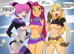 3_girls 3girls badspider blonde_hair blue_eyes breasts_out_of_clothes cameltoe dc_comics dcau dialogue fellatio_gesture female_only green_eyes grey_skin imminent_sex jinx koriand&#039;r midriff midriff_baring_shirt nervous nervous_smile nipple_piercing orange_hair orange_skin panties piercing pink_eyes pink_hair pussy pussy_lips starfire teen_titans terra tight_underwear tongue_out