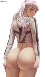  1girl 1girl ass black_clover clothing cropped_jacket earrings high_resolution hood huge_ass jacket jewelry long_hair looking_at_viewer looking_back no_pants no_underwear noelle_silva purple_eyes purple_hair shexyo tied_hair twin_tails very_high_resolution 