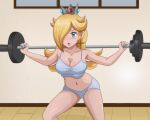 1girl alluring big_breasts blonde_hair blue_eyes blue_nails breasts cleavage crown curvy curvy_female earrings female_only gym hair_over_one_eye mario_(series) nintendo open_mouth pale-skinned_female pink_lipstick princess princess_rosalina rosalina shablagooo silver_crown solo_female star_earrings super_mario_bros. tongue weightlifting workout workout_clothes