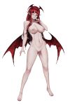 1girl areola bat_wings big_breasts black_nails bluecup breasts cleavage completely_nude demon_girl fingernails full_body high_resolution horns long_hair nail_polish navel nipples nude one_eye_closed original red_eyes red_hair sharp_fingernails simple_background smile standing white_background wings