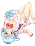  1girl barefoot blue_hair blush bow bowtie breasts female fingering green_hair hand_in_panties hand_on_breast irori long_sleeves looking_at_viewer lying masturbation nipples on_back open_clothes open_mouth open_shirt original panties self_fondle shirt short_hair simple_background single_thighhigh skirt skirt_removed solo striped striped_panties thighhighs underwear upside-down white_background white_legwear 