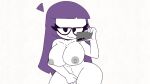  1girl breasts covering_pussy holding_phone lila_(spooky_month) looking_at_viewer milf nude smirk thicc 