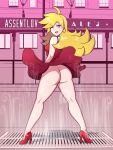  ass ass_focus assentlov background blonde_hair blue_eyes bottomless breasts earrings exposed_ass eyeliner high_heels long_hair no_panties open_mouth panty_&amp;_stocking_with_garterbelt panty_anarchy rear_view red_shoes shadow thighs upskirt 