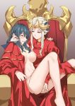 2_girls 2girls blush breasts byleth_(female) byleth_(fire_emblem) byleth_(fire_emblem)_(female) closed_eyes clothes dress edelgard_von_hresvelg female/female female_only fingering fire_emblem fire_emblem_three_houses holding_close horns iceky icekyjelly lesbian_sex looking_at_another multiple_girls nude pussy sitting sitting_on_person teal_hair throne vaginal_juices yuri