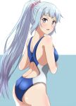  1girl 1girl 1girl alluring ass bare_shoulders blue_background blue_hair blue_one-piece_swimsuit blush breasts commentary_request cowboy_shot dars_(recolors) facing_away gradient_hair grey_eyes hand_on_own_chest hands_up high_ponytail kawasaki_saki leaning_forward long_hair looking_at_viewer looking_back medium_breasts mole mole_under_eye multicolored_hair my_teen_romantic_comedy_snafu one-piece_swimsuit open_mouth pink_scrunchie ponytail scrunchie sidelocks simple_background smile standing swimsuit two-tone_background very_long_hair white_background yahari_ore_no_seishun_lovecome_wa_machigatteiru. 