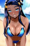  1girl alluring beach big_breasts bikini blue_sky cleavage nessa nessa_(pokemon) ocean pokemon pokemon_(anime) zengai 