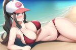  1girl alluring bare_legs beach big_breasts bikini cleavage hilda_(pokemon) nintendo ocean pokemon pokemon_(anime) posing zengai 
