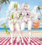  2girls beach big_ass big_breasts bikini bimbo green_skin ipan pokemon pokemon_(species) pokemon_black_and_white reshiram seductive serperior sling_bikini tail white_hair white_skin yuri 