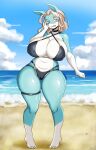  1girl beach big_ass big_breasts bikini blue_skin cute darbooart ippan_josei reptile seductive white_skin yellow_hair 