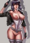  1girl bare_shoulders big_breasts black_gloves black_jacket breasts_out_of_clothes breasts_outside cleavage collarbone dandon_fuga female_only female_solo fingerless_gloves ghost_in_the_shell gloves gun holding holding_gun jacket kusanagi_motoko leotard lips motoko_kusanagi neck nipples off_shoulder purple_hair pussy red_eyes shadow short_hair solo_female standing stockings strapless strapless_leotard uncensored 