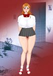  1girl arms_behind_back bathroom bleach blush bow breasts censored curvy flower footwear hair_ornament hairclip hips huge_breasts inoue_orihime long_hair miniskirt open_mouth orange_hair pubic_hair pussy red_eyes red_snake_come_on ribbon school_uniform skirt socks solo standing 