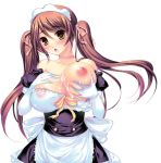  1girl areolae bad_id bare_shoulders blush breast_grab breast_slip breasts brown_eyes brown_hair copyright_request cum cum_on_body cum_on_breasts cum_on_upper_body erect_nipples female grabbing large_breasts long_hair maid nipples one_breast_out ookami_ryousuke ribbon sakimi_tama solo twintails 