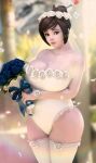  1girl 3d big_breasts breasts brown_eyes brown_hair cleavage female_only flowers fugtrup leotard mei_(overwatch) non-nude one-piece overwatch stockings thick_thighs thigs wedding_dress 