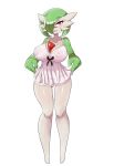  1_girl 1girl big_ass big_breasts breasts female female_only female_pokemon gardevoir green_skin hair_over_one_eye lingerie looking_at_viewer lucyfercomic mostly_nude panties pokemon red_eyes solo standing thigh_gap 