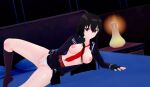 akame_(akame_ga_kill!) akame_ga_kill! alluring bed bedroom black_hair breasts breasts laying laying_down laying_on_bed legs long_black_hair long_hair looking_at_viewer partially_nude pussy red_eyes spread_legs