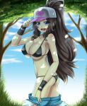  1_girl 1girl alluring alternate_breast_size armband ass bare_arms bare_shoulders big_breasts bikini black_bikini black_hair black_panties breasts butt_crack cleavage collarbone creatures_(company) day female female_human female_only game_freak hand_on_headwear hat high_res hilda hilda_(pokemon) human long_hair looking_at_viewer nintendo open_mouth outside panties pants pants_removed pokemon ponytail shorts shorts_pull skindentation sky smile solo standing strap_gap swimsuit takecha touko tree underwear undressing 