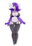  1_girl 1girl big_ass big_breasts breasts female female_only female_pokemon gardevoir garter_belt garter_straps hair_over_one_eye humanoid lingerie looking_at_viewer lucyfercomic mostly_nude pokemon purple_skin red_eyes solo standing stockings thigh_gap 