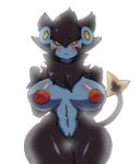  4_fingers areolae big_breasts black_fur blue_skin blush breasts female fur inverted_nipples luxray nintendo nipples nude plain_background pokemon pussy sechomi11 solo thick_thighs video_games white_background wide_hips yellow_eyes 