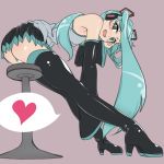 1girl boots detached_sleeves female female_only green_eyes green_hair grey_background haruhisky hatsune_miku headphones heart high_heels leaning_forward long_hair miku_hatsune necktie open_mouth panties pantyshot shoes simple_background sitting skirt solo solo_female spoken_heart stool striped striped_panties thigh_boots thighhighs twin_tails underwear upskirt very_long_hair vocaloid