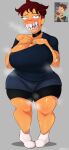 1girl bandaid big_breasts blush brown_hair chubby cleavage clothed fang_(the_boys) fangs female_only hikinks huge_breasts looking_at_viewer sharp_teeth shaved_side short_hair sweat tan_skin the_boys the_boys:_diabolical thick_thighs wet_skin