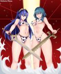 2021 2girls absurd_res alluring animal_print bikini blue_hair breasts byleth_(fire_emblem) byleth_(fire_emblem)_(female) chinese_zodiac cow_print falchion_(fire_emblem) fire_emblem fire_emblem:_three_houses fire_emblem_awakening fire_emblem_heroes happy_new_year high_res long_hair lucina lucina_(fire_emblem) multiple_girls navel new_year nintendo patdarux super_smash_bros. swimsuit sword teal_hair weapon year_of_the_ox
