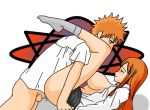  anal artist_request bleach blush bottomless breasts closed_eyes closed_mouth feet footwear hair hair_ornament hairpin inoue_orihime kurosaki_ichigo large_breasts legs_up long_hair looking_down nude on_bottom open_clothes open_shirt red_hair school_uniform schoolgirl sex shirt short_hair sideboob simple_background skirt skirt_lift socks uncensored white_background white_shirt wince 