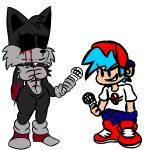 aqua_hair big_breasts big_thighs blue_pants boyfriend_(friday_night_funkin) concept_art friday_night_funkin furry gray_gloves grey_background grey_fur microphone red_hat red_shoes sonic.exe tails tails.exe white_shirt 