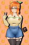 1girl big_breasts breasts breasts_bigger_than_head female_focus female_only glasses happy huge_breasts kiroart light-skinned_female light_skin lirinvt looking_at_viewer magical_girl orange_background orange_eyes orange_hair simple_background stockings thick_thighs thighs twitch twitter v virtual_youtuber wizard youtube youtube_hispanic youtuber