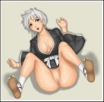  1girl bleach blush bottomless breasts brown_eyes censored cleavage deep_rising footwear from_above japanese_clothes kotetsu_isane legs_up lying no_panties on_back pussy sandals shadow short_hair silver_hair socks solo thor_(deep_rising) 