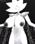  1girl accidental_exposure areolae big_breasts black_background black_lipstick blush breasts cape embarrassed female female_only gem gem_(species) gigantic_ass gigantic_breasts hourglass_figure huge_breasts looking_down mightycock nipples simple_background solo steven_universe white_body white_diamond_(steven_universe) 