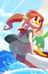  1boy 1girl ass avian bangs bird blonde_hair blush blush_stickers boat bottomless brown_hair butt duo female huge_ass human link male mammal medli no_panties noill pointy_ears ponytail red_eyes rito sea seated smile the_legend_of_zelda the_legend_of_zelda:_the_wind_waker upskirt video_games water 