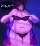 1girl black_hair bra breasts cookies-cat dark_background english_text female female_only highres lingerie mei_(overwatch) navel overwatch overweight panties purple_eyes short_hair smile solo suggestive tagme teeth text undressing