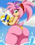  1girl 1girl 1girl amy_rose anthro ass ball big_ass bikini breasts clothing dat_ass dialogue female_only furry glasses green_eyes hedgehog looking_at_viewer looking_back nr_ac partially_submerged pink_hair pink_skin sega sideboob sonic_the_hedgehog_(series) sunglasses sunglasses_on_head swimsuit talking_to_viewer thick_thighs volleyball wading water yellow_bikini yellow_swimsuit 