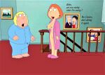  1boy 1girl areolae bathrobe black_eyes blonde_hair breasts bulge chris_griffin clothed clothing earrings english_text erect_nipples erection_under_clothes family_guy ginger_hair half-closed_eyes lois_griffin mother_and_son nipples open_mouth pussy shaved_pussy simple_background smile surprised surprised_expression tagme teen text thighs 
