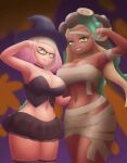 1girl 2_girls abstract_background areola armpits belly_piercing dark-skinned_female dark_skin female_only front_view green_eyes halloween halloween_costume hand_on_thigh inkling light-skinned_female light_skin long_hair looking_at_viewer marina_(splatoon) mummy_costume nintendo octoling pearl pearl_(splatoon) saf-404 safartwoks safartworks short_hair sideboob simple_background smile splatoon splatoon_2 video_game_character witch_costume witch_hat yellow_eyes