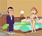 1boy 1girl areolae barefoot bed bedroom big_breasts black_eyes breasts cameltoe character_request clothed clothing earrings erect_nipples family_guy frontal_wedgie ginger_hair half-closed_eyes hand_on_hip lois_griffin looking_at_another mostly_nude navel nipples panties pants pussy shaved_pussy shirt shoes smile thighs thong topless