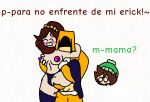  bad_drawing_skills bianca_(erick&#039;s_mom) big_breasts brown_hair erick_(oc) erickverse flushed green_hat hiper_(oc) moaning_in_pain moaning_in_pleasure ntr orange_hat red_panties red_shirt shocked shocked_expression small_nipples spanish_text tentacle_penis white_background white_gloves white_shirt 