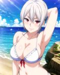  1girl alluring beach big_breasts bikini cleavage cookiefudge magenta_eyes nakiri_alice ocean posing shokugeki_no_souma silver_hair 